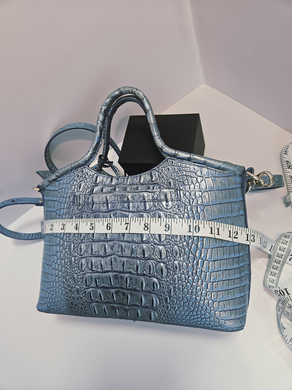 NWOT Brahmin Duxbury Satchel Blue Metallic Croc Embossed Leather Handbag + Strap - Picture 3 of 16